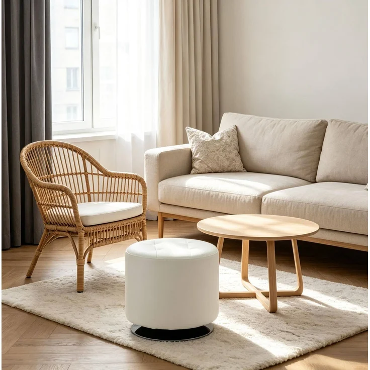 Drehhocker Ø 45,5x44,5 cm in Weiß – 360° drehbar, mit Polsterung und Metallfuß – Bild 2