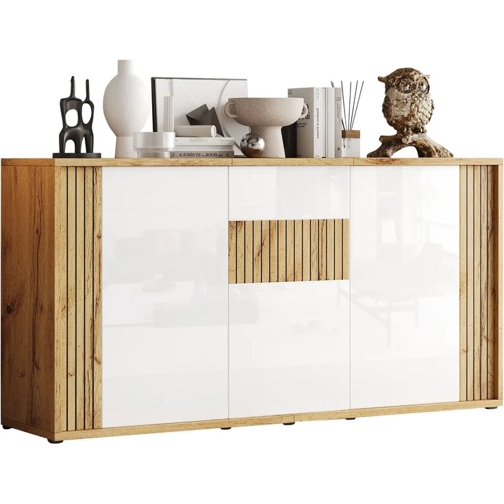 ZUBALIYA Sideboard 140x35x71 cm, mit 3 Türen, aus MDF / Spanplatte, Weiß / Natur – Bild 13