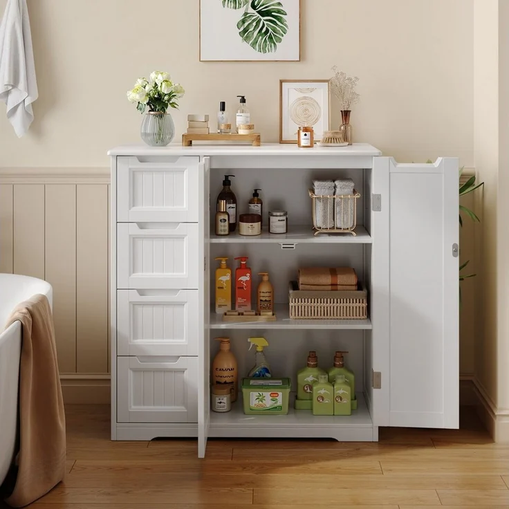 Blishom Kommode Badezimmerschrank 81x30x83 cm, Badschrank mit 4 Schubladen, Küchen-Vorratsschrank mit Verstellbarem Einlegeboden – Bild 3