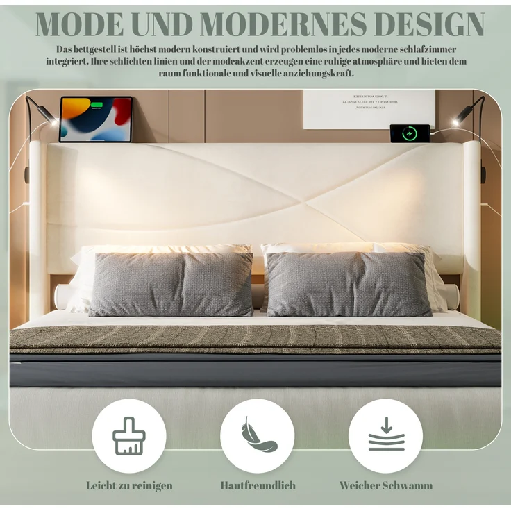 LVHOM Boxbett 140x200cm, Bettgestell mit integrierter Beleuchtung & Stauraum, USB/Typ-C-Ports, XXL-Hydraulik-Storage, platzsparend & Smart-Home-Anschlüssen – Bild 9