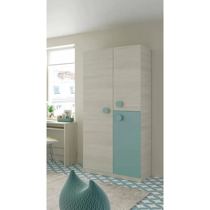 Dreitüriger Kleiderschrank mit Kleiderstange und drei Innenböden, Farbe weiß mit heller Holzoptik mit wassergrünem Türdetail, 90 x 200 x 52 cm. – Bild 1