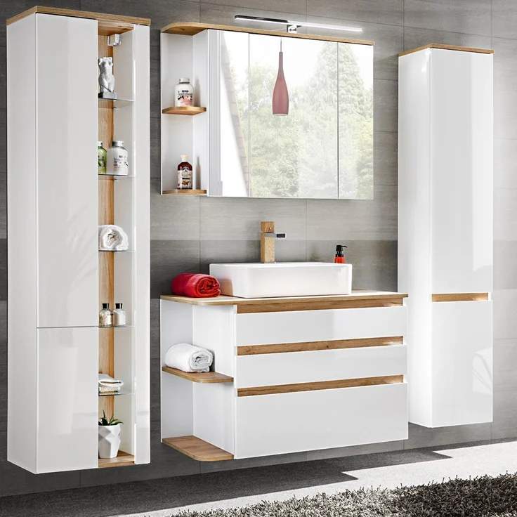 Badezimmermöbel Set mit Keramik-Waschtisch CAMPOS-56, Hochglanz weiß mit Wotaneiche, 2 Hochschränke B/H/T: ca. 204/200/50 cm – Bild 1