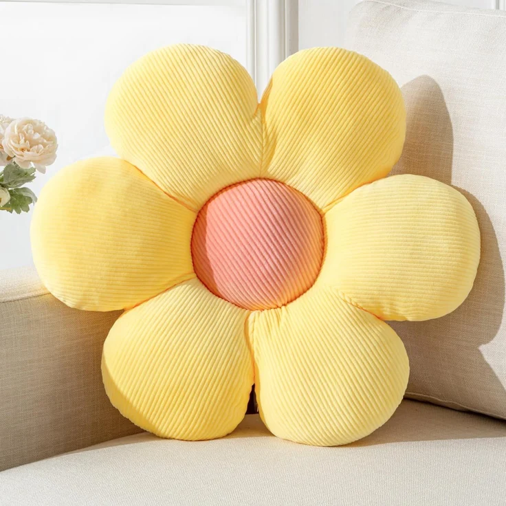 1 Stück – Blumenkissen in Blütenform, Plüsch, 40 cm, weiches Bodenkissen, Gelb – Bild 1