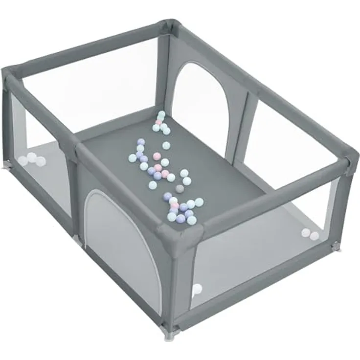 Baby Laufstall, Laufgitter mit atmungsaktivem Netz und Reißverschluss, Krabbelgitter 2 Türen, Laufgitterzelt für Säuglinge und Kleinkinder-180 * 120 * 66 cm-dunkelgrau