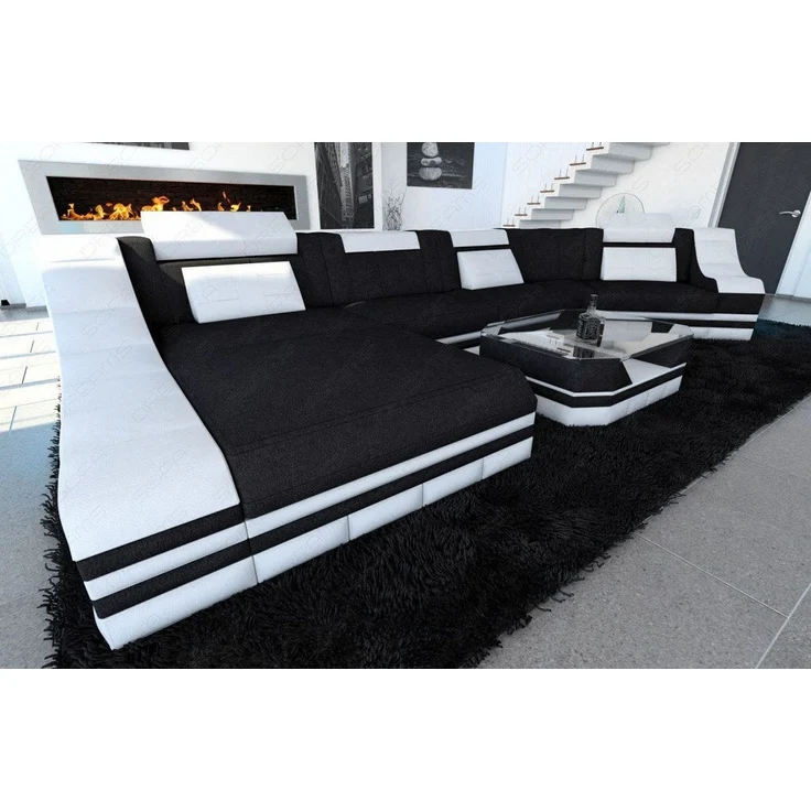 Polster Wohnlandschaft Turino C-Form mit LED - Mikrofaserstoff - Schwarz-Weiß - Links – Bild 3