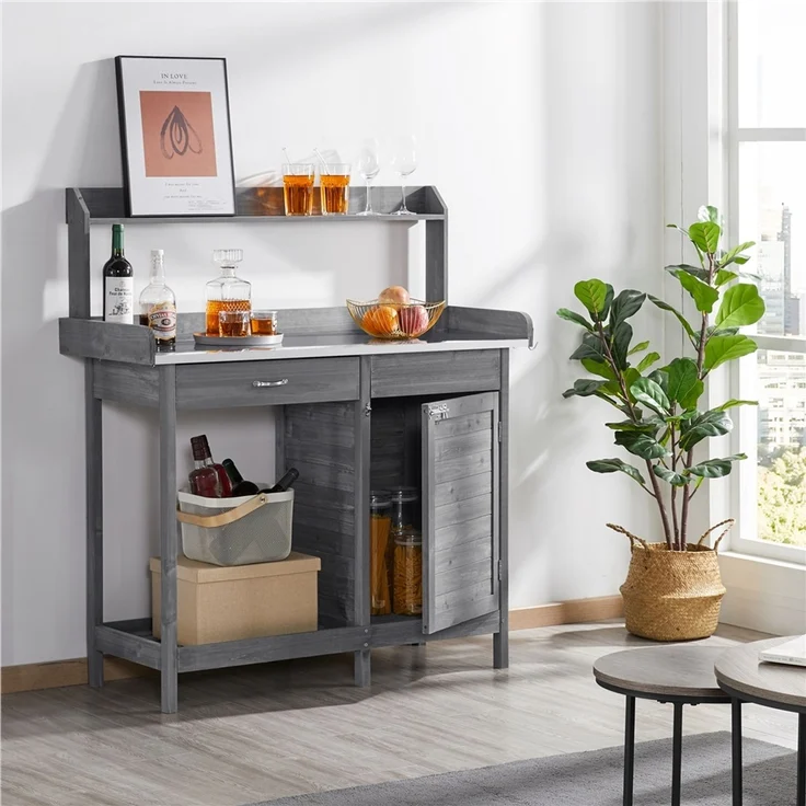 Yaheetech Pflanztisch Garten Pflanztisch mit Schubladen & Unterschrank, Outdoor Gärtnertisch Holzpflanztisch mit verzinkt Arbeitsplatte, Grau – Bild 2