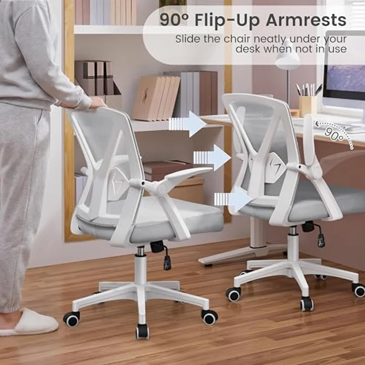 Yaheetech Bürostuhl Schreibtischstuhl mit hochklappbare Armlehnen, Drehstuhl aus Mesh, Office Chair Ergonomic, erstellbaren Lendenwirbelstütze, Wippfunktion, höhenverstellbar Hellgrau – Bild 8