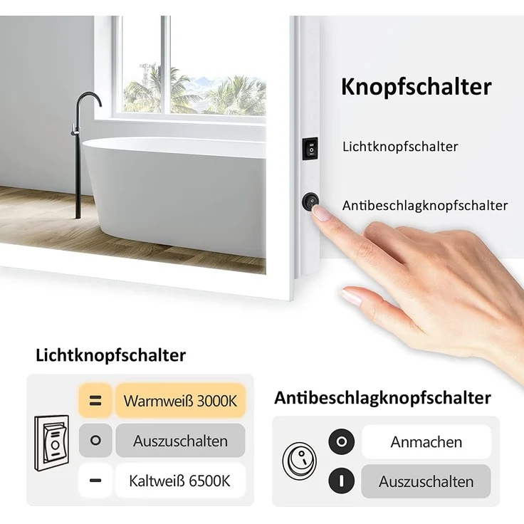 EMKE Badspiegel mit Beleuchtung, 60x50cm, Kaltweißes/Warmweißes Licht, Knopfschalter, Beschlagfrei, Speicherfunktion – Bild 2