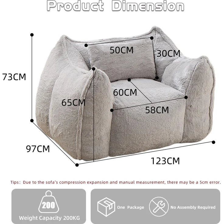 Riesiger Sitzsack mit Kissen, bequemer großer Sitzsack für Erwachsene und Kinder, Kunstfell-Bodensofa für Wohnzimmer, Schlafzimmer und Wohnung, Grau--Grau--123x97x73cm--YOUDENOVA – Bild 3