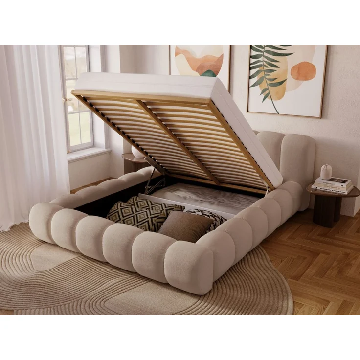 GRAINGOLD Doria Doppelbett 180x200, mit Kopfteil, Lattenrost, Bettkasten, Velour-Stoff, Beige – Bild 4