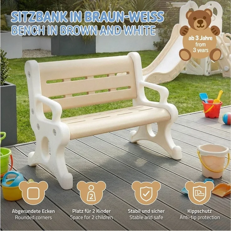 Joyz Kinderstuhl Kindersitzbank Outdoor aus Kunststoff, Sitzbank für Kinder ab 3 Jahre, Kleine Bank Braun-Weiß Kinderbank wetterfest mit Armlehnen Kippschutz – Bild 2