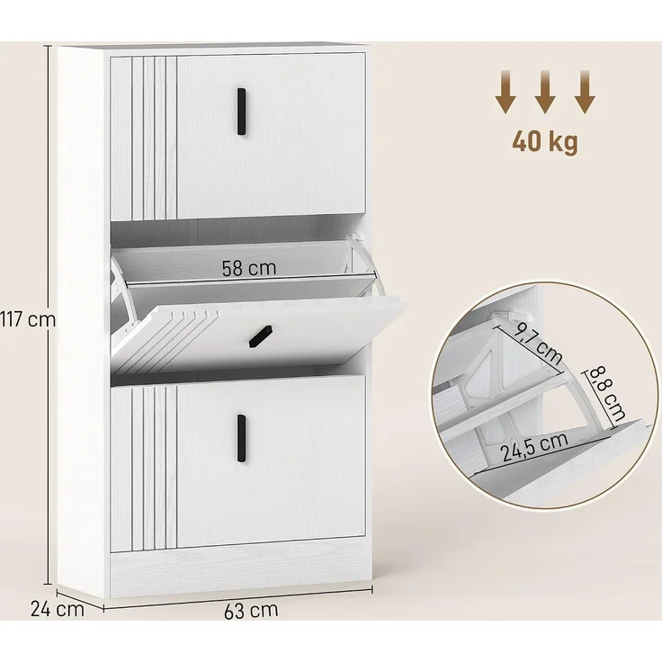 HOMCOM Schuhschrank, MDF, Weiß, 63 x 24 x 117 cm – Bild 3