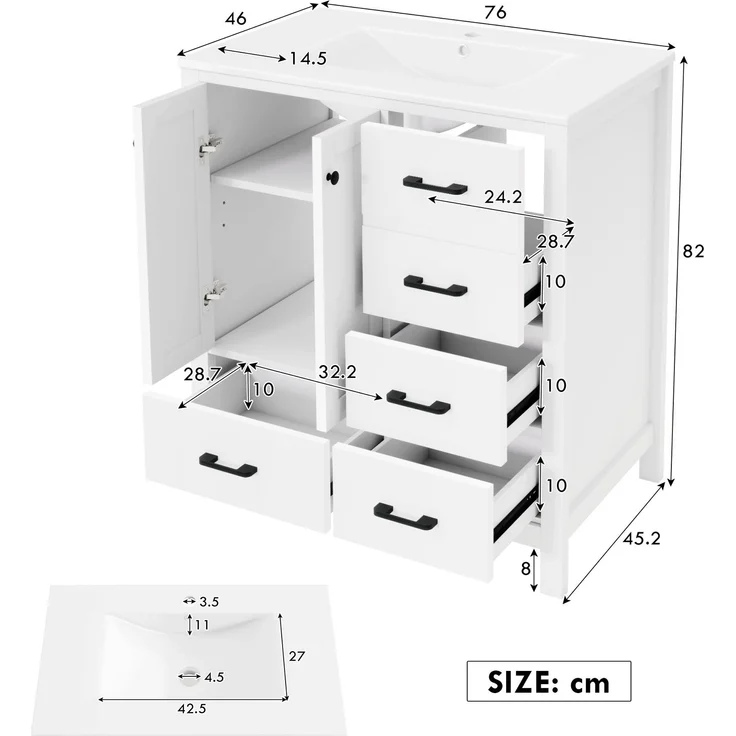 76*46*82 cm, freistehender Badezimmerwaschtisch, komplett lackiert, mehrere Schubladen zur Aufbewahrung, verstellbare Regalböden, integriertes Keramikwaschbecken, weiß. – Bild 5