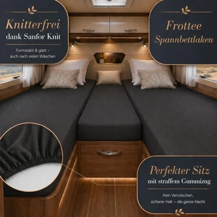 Frottee Spannbettlaken für Wohnmobile Heckbett 3-teilig 2 Längsbetten + 1 Mittelteil Anthrazit – Bild 3