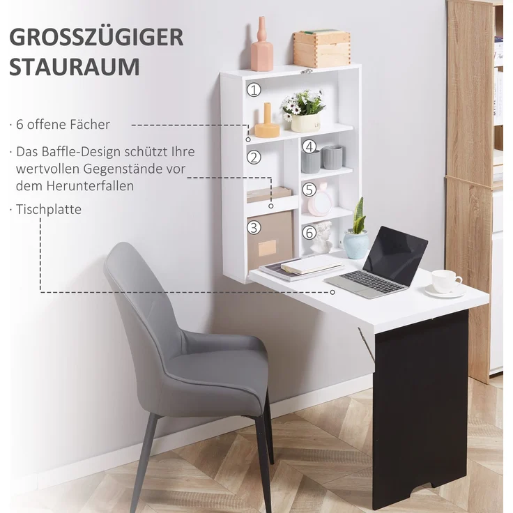 Wandtisch Klappschreibtisch mit 5 Fächern, Tafel in Weiß und Schwarz, 60x94,5x147cm, platzsparend für Home Office--Schwarz--60x94x5cm--YOUDENOVA – Bild 5