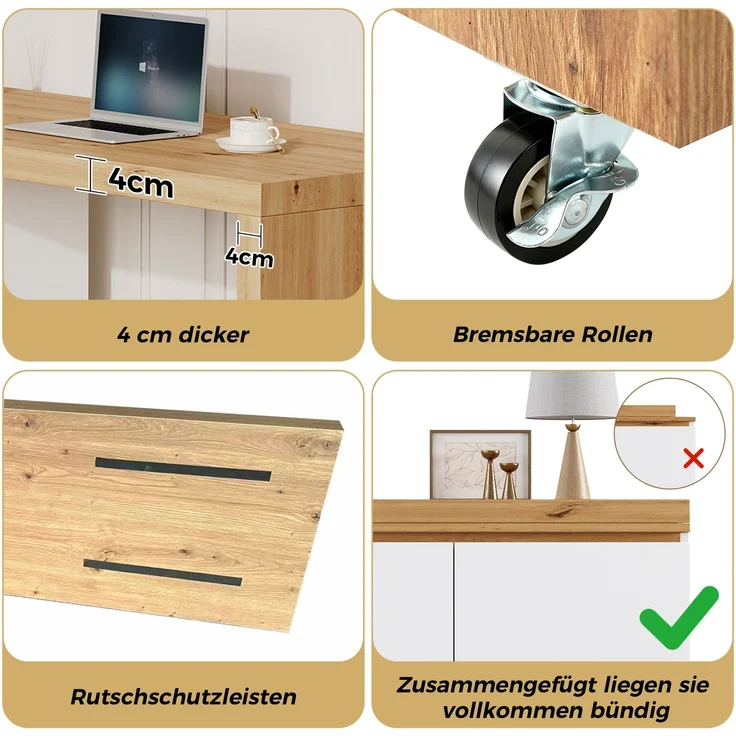 Drehbarer Schreibtisch mit Sideboard & Rollen, 124x45x82 cm, Weiß/Eiche – Bild 6