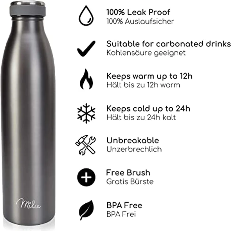 Milu Edelstahl Trinkflasche 350ml, 500ml, 750ml, 1L, 1.5L Thermosflasche, Isolierte Wasserflasche, Auslaufsichere Isolierflasche doppelwandig, Kohlensäure geeignet + Reinigungsbürste (Grau, 1.5L) – Bild 2