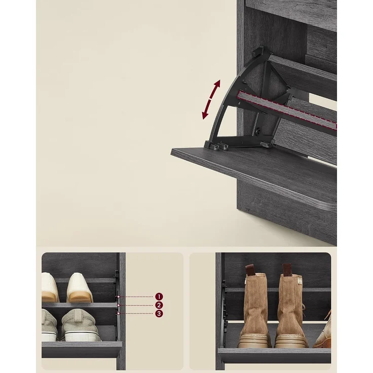 Vasagle Schuhschrank 2 Klappen, Schuhkipper, Schuhregal, Schuhaufbewahrung, offenes Fach, Trennwand verstellbar, für 11-16 Paar Schuhe, Flur, 24 x 80 x 102 cm, nebelgrau LBCDE048G01 – Bild 5