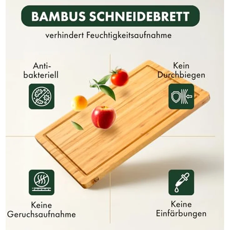 Blumtal Schneidebrett 100% Bambus antiseptisches, 2cm dickes massives Brett, Holz, Bambus, massiv mit praktischer Saftrille – Bild 4