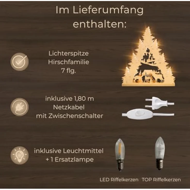 Weigla Lichterbogen Hirschfamilie, Lichterspitze aus Holz, NATUR, Made in Germany (1-tlg), Erzgebirge garantiert, Weihnachtsdeko Innen, Weihnachtsbeleuchtung – Bild 6