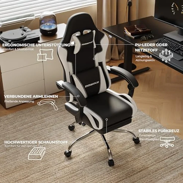 Dowinx Gaming Stuhl, Ergonomischer Gamer Stuhl für Büro und Home Office, Verstellbarer Bürostuhl mit Rückenlehne bis 150°, mit Fußstütze, Belastbar bis 180 kg, Weiß – Bild 6
