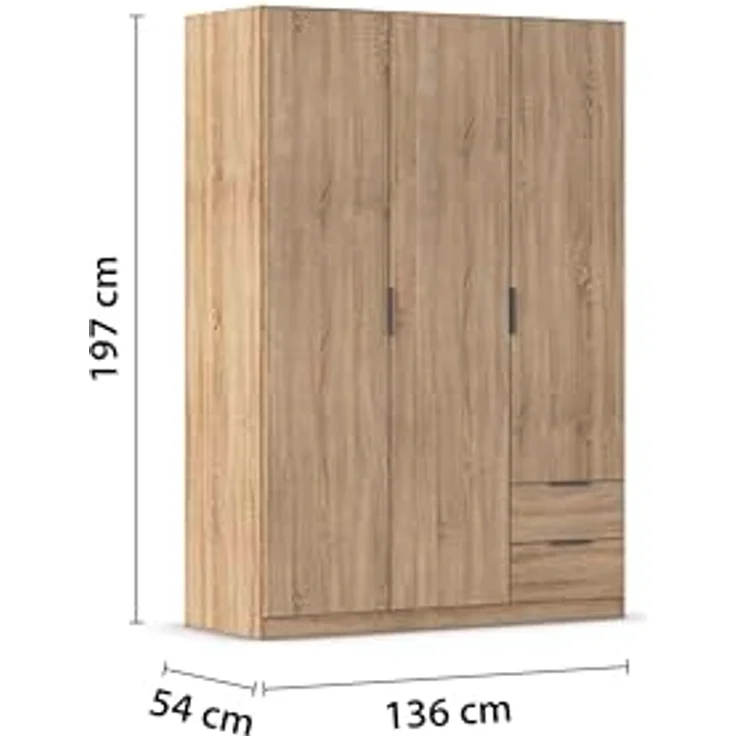 Rauch Möbel Lagoa, Kleiderschrank, Garderobe für Schlafzimmer, Kinderzimmer, Jugendzimmer 3-türig, 2 Schubladen, mit Zubehör Classic, Farbe Eiche Sonoma, Holz, Breite 136 – Bild 4