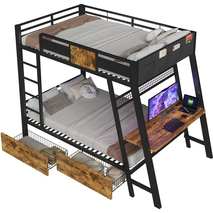 Metall-Etagenbett 90×200cm,integrierter Gaming-Schreibtisch mit Steckdosen, USB- und Type-C-Anschlüssen, mit LED-Lichtband, zwei Aufbewahrungskörben, Jugend-Spielbett, Doppel-Eisenbett, Schwarz – Bild 7
