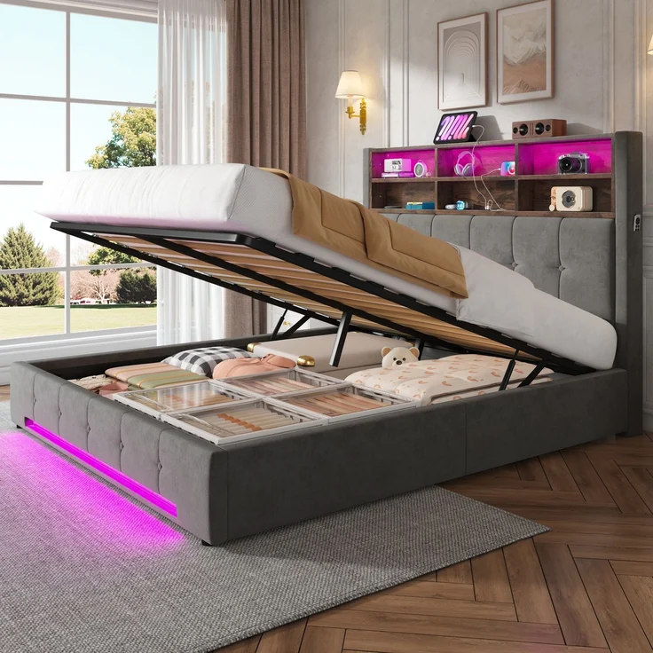 TavilaEcon Polsterbett mit Bettkasten und USB-C-Anschluss grau Liegefläche 160 × 200 cm – Bild 1