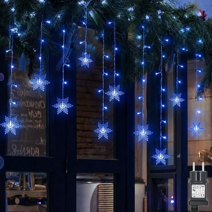 SERBASIC Lichtervorhang LED Schneeflocke Lichterkette, mit 8 Modi und Speicherfunktion, Timer, für Außen Weihnachten, Hochzeit, Balkon, Große Schneeflocke – Bild 1
