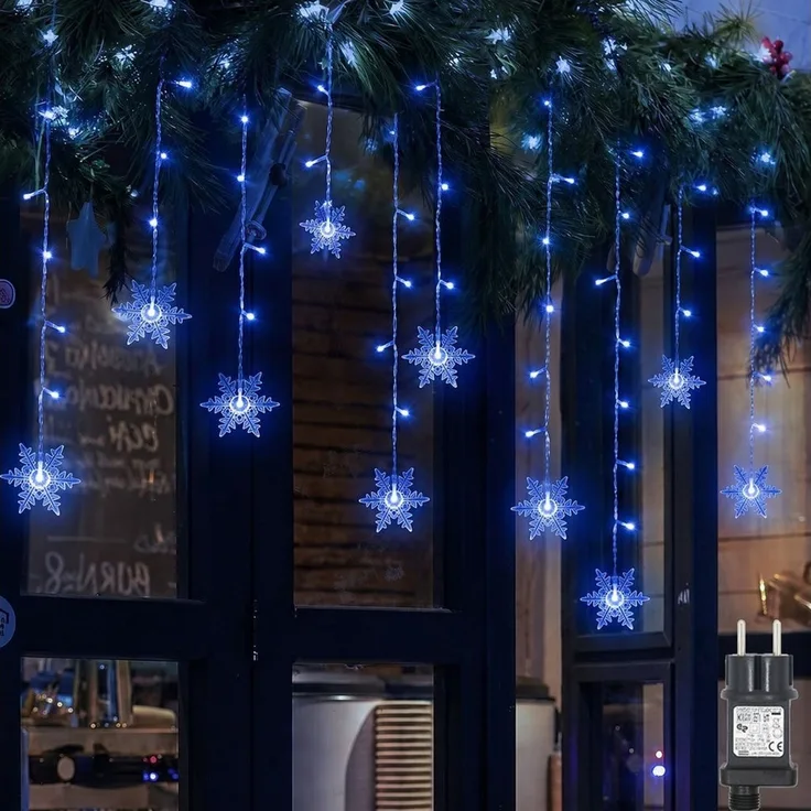 SERBASIC Lichtervorhang LED Schneeflocke Lichterkette, mit 8 Modi und Speicherfunktion, Timer, für Außen Weihnachten, Hochzeit, Balkon, Große Schneeflocke