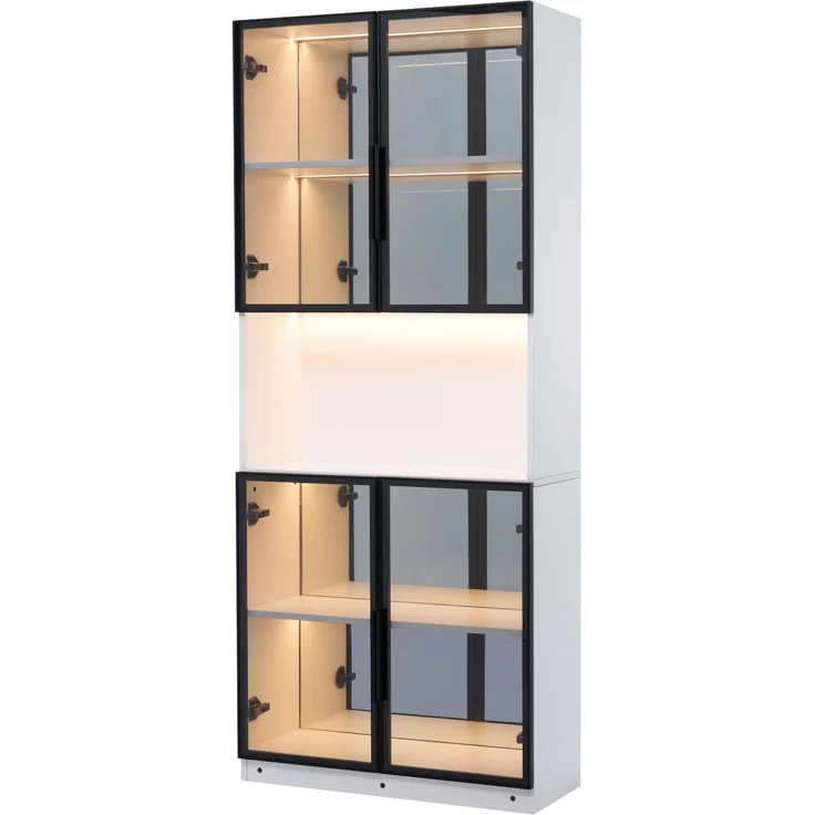 Vitrinenschrank 2er-Set, 140 x 30 x 170 cm, Glasvitrine mit LED-Beleuchtung und Spiegelrückwand, Vitrinenschrank mit grauen ESG-Glastüren, Hochschrank für Wohnzimmer, Esszimmer, Küche und Büro--Weiß--140x30x170cm--YOUDENOVA – Bild 10