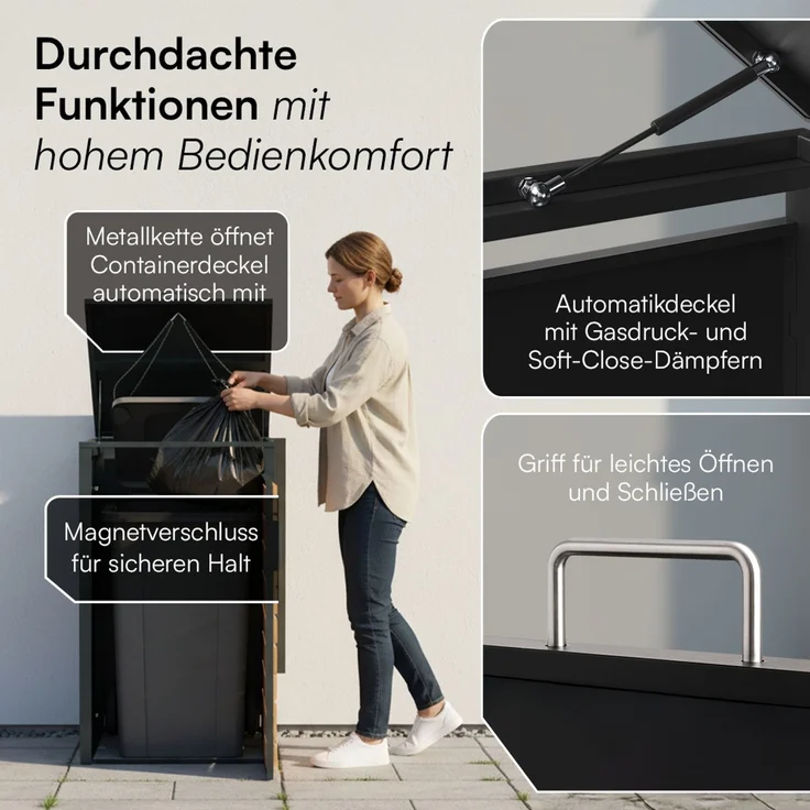 STEELSØN 'Kestra' Mülltonnenbox 1er 240 Liter, anthrazit mit Holzoptik, Mülltonnenverkleidung aus Stahl, wetterfest, 116x80x69 cm, Müllbox für 1 Tonne – Bild 4