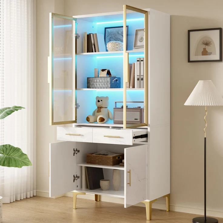 ZUBALIYA Vitrine, mit Schubladen, mit Stauraum, mit LED-Beleuchtung, mit App-Steuerung, H 170 × T 38 × B 75 cm, Weiß, MDF / Spanplatte – Bild 9