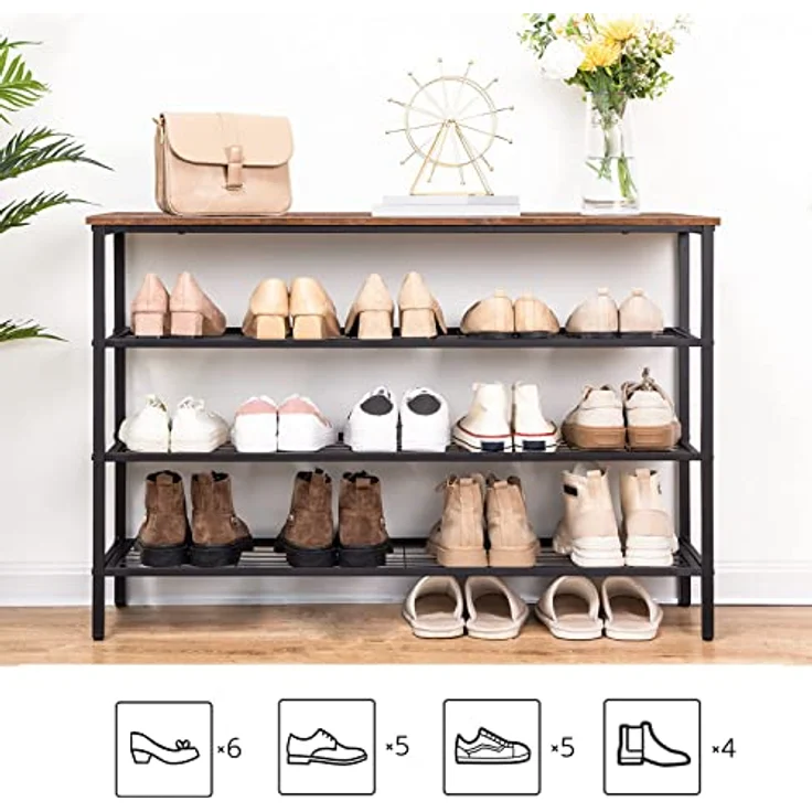HOOBRO 4 Ebenen Schuhregal, Schuhablage schmal, 100 x 30 x 68 cm, Schuh-Organizer mit sitzfläche, Eingang, Wohnzimmer, Flur, Schlafzimmer, Industrielle, Dunkelbraun-Schwarz EBF04XJ01 – Bild 5