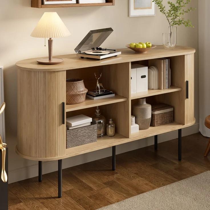 Merax Sideboard mit Rolljalousie-Türen, Aluminiumgriffen & Eisenbeinen – Vielseitiger Aufbewahrungsschrank für Wohnzimmer, Esszimmer & moderne Einrichtung, Holzfarbe – Bild 2