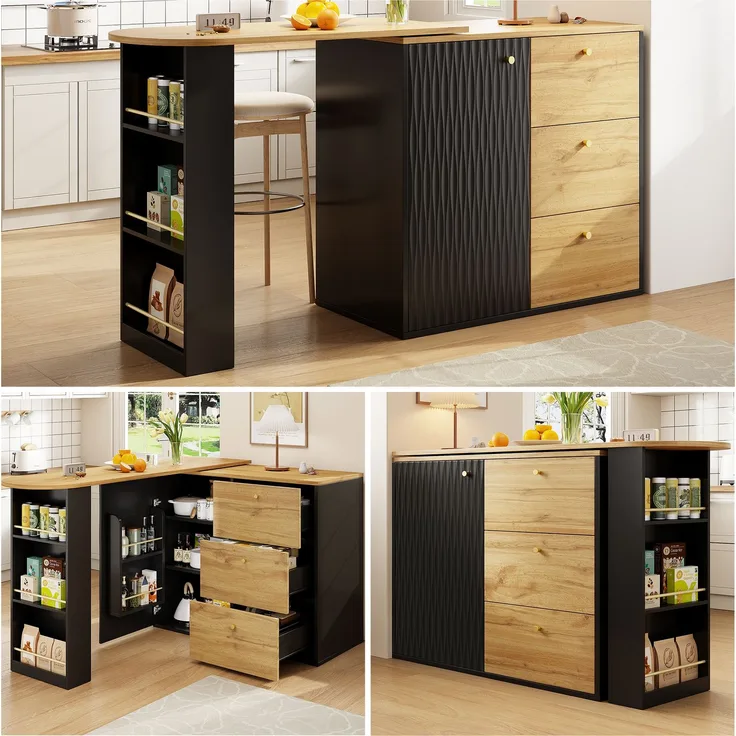 Ausziehbarer Bartisch mit Stauraum(138-204×39×104cm) , 360° drehbare Essbar,Moderner Beweglicher Bar Table,Hochtisch Kücheninsel Bistro Table, Sideboard mit Holzmaserung--Schwarz--120.5x58x13.5cm--YOUDENOVA