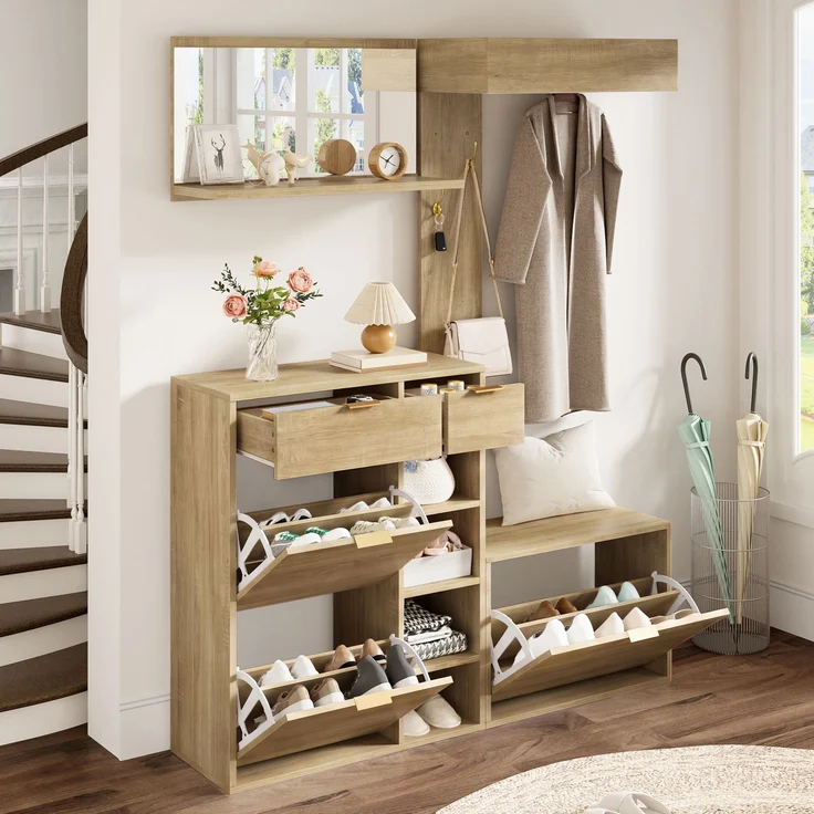 Garderoben-Set 130x30x174 cm mit Schuhschrank, Sitzbank, Spiegel und Hakenpaneel – Bild 3