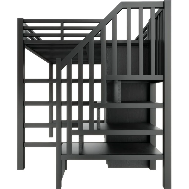 Hochbett mit RGB LED-Streifen, Schreibtisch, Treppe, Regal, Lattenrost und Kleiderschrank, 140x200 cm, Kinderbett mit Rausfallschutz, Metallbett – Bild 10