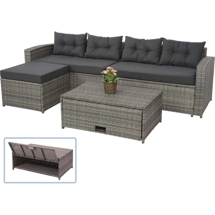 Poly-Rattan Garnitur HWC-J34, Balkon-/Garten-/Lounge-Set Sitzgruppe Sofa, Staufach ~ grau, Kissen dunkelgrau
