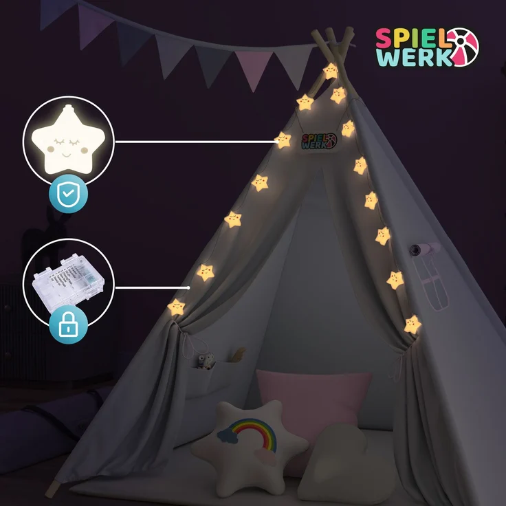 Spielwerk Kindertipi mit Lichterkette, Bodenmatte & Kissen, Baumwolle beige, 120 x 120 x 160 cm – Bild 6