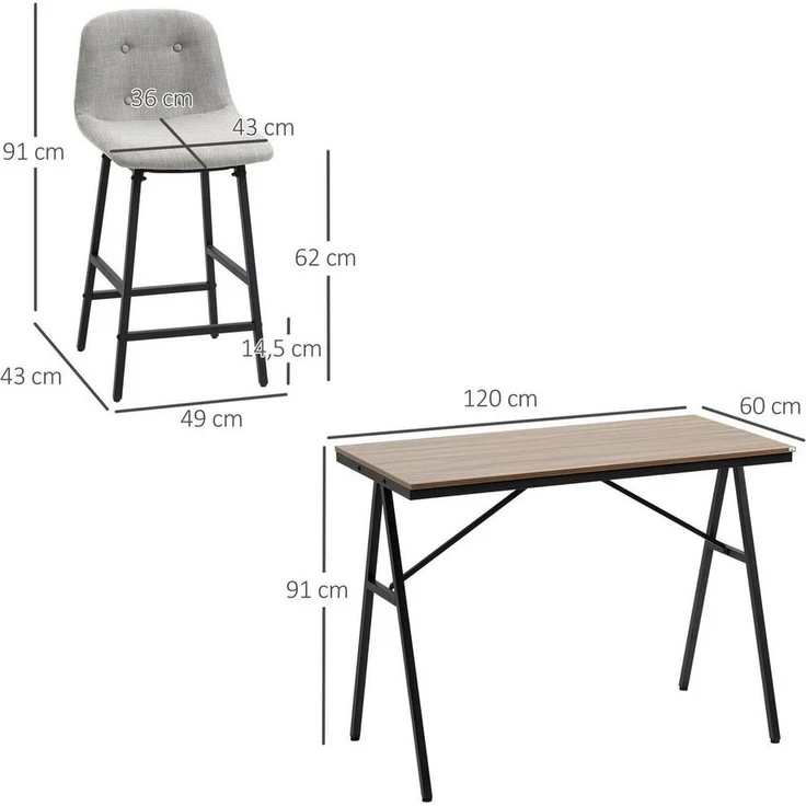 HOMCOM Bargruppe Bartisch mit Barhockern im Industrie-Design, (5-tlg), Hellbraun+Hellgrau+Schwarz – Bild 2