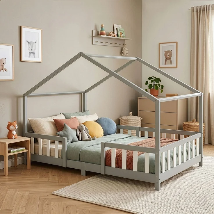 Kinderbett Treviolo 120x200 cm mit Kaltschaummatratze und Gitter Hellgrau / Weiß [en. casa] – Bild 1
