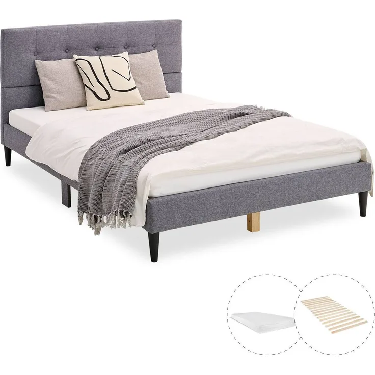 Homestyle4u Polsterbett mit Lattenrost und Matratze, Stoff grau, 120x200 cm