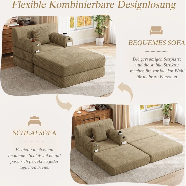 EINHOM 1-Sitzer Schlafsessel mit Hocker aus Cord, Komprimiertes Sofa mit Liegefunktion, Hoher Rückenlehne, Metallrahmen, Hochdichtem Schaumstoff, 2 Getränkehaltern, 4 Seitentaschen, Khaki – Bild 4