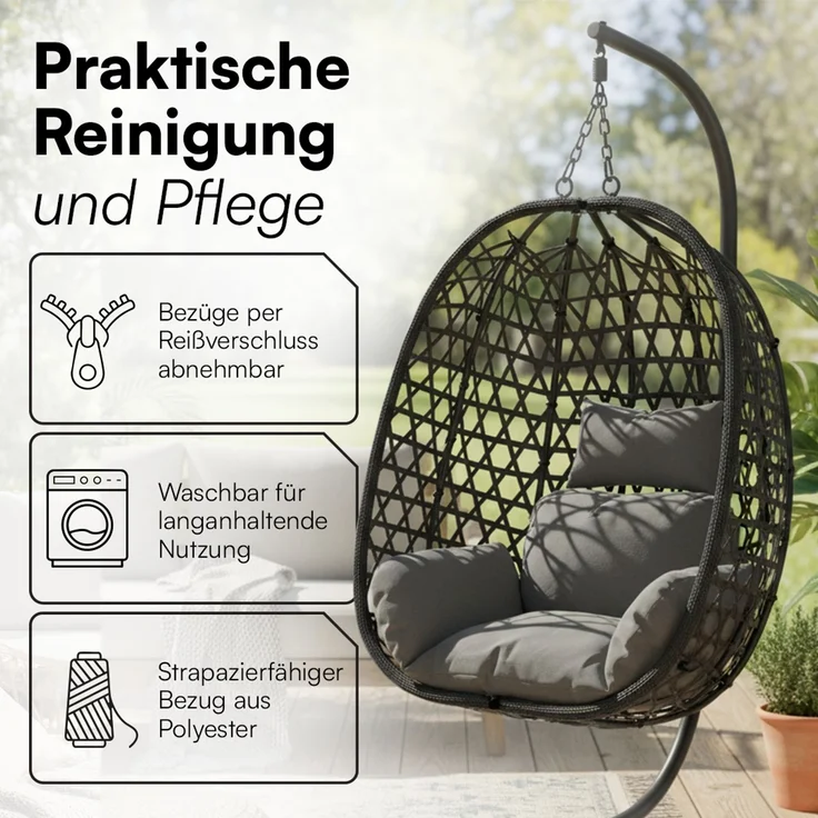 STEELSØN 'Sarin' Hängesessel mit Metallgestell, höhenverstellbar und faltbar, wetterfest, Polyrattan, dunkelgrau/schwarz, bis 150 kg belastbar, inkl. Kissen – Bild 4