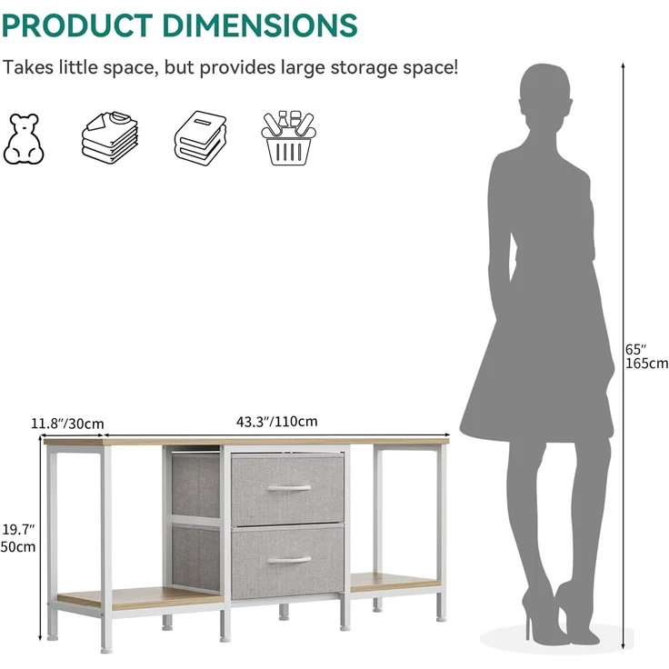 YITAHOME TV Schrank für bis zu 47 Zoll Fernseher, Fernsehtisch Mediaschrank mit 2 Stoffschubladen & 2 Ablagefächern, 110 x 30 x 50 cm Stahlgestell TV Lowboard für Wohnzimmer & Schlafzimmer – Bild 3