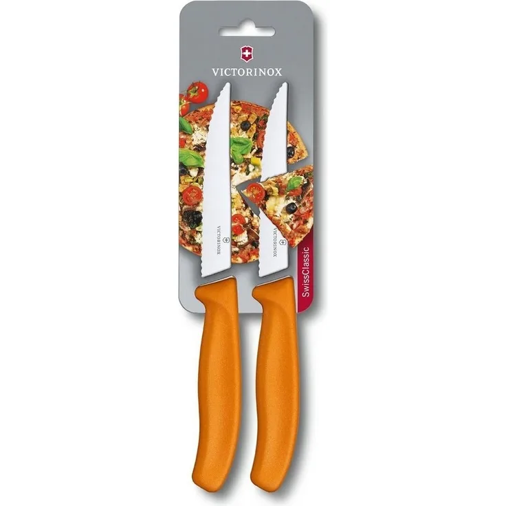 Victorinox, Swiss Classic, Profi Steak- und Pizzamesser, Extra Scharfe Klinge, Wellenschliff, 12 cm, Robuster Kunststoffgriff, Rostfreier Stahl, orange