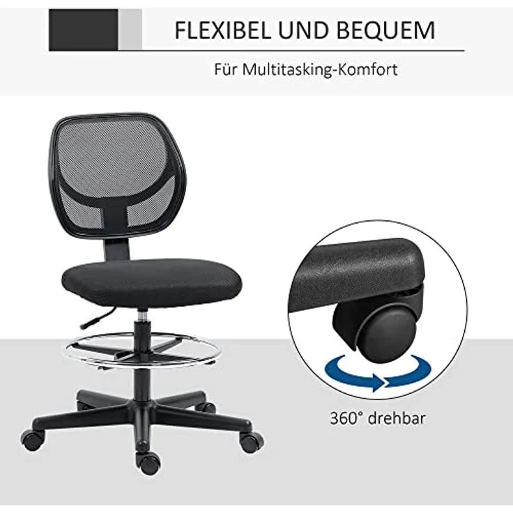 Vinsetto Bürostuhl, ergonomischer Drehstuhl aus schwarzem Textil, höhenverstellbar, mit atmungsaktivem Netzgewebe, 61x113x59 cm – Bild 7