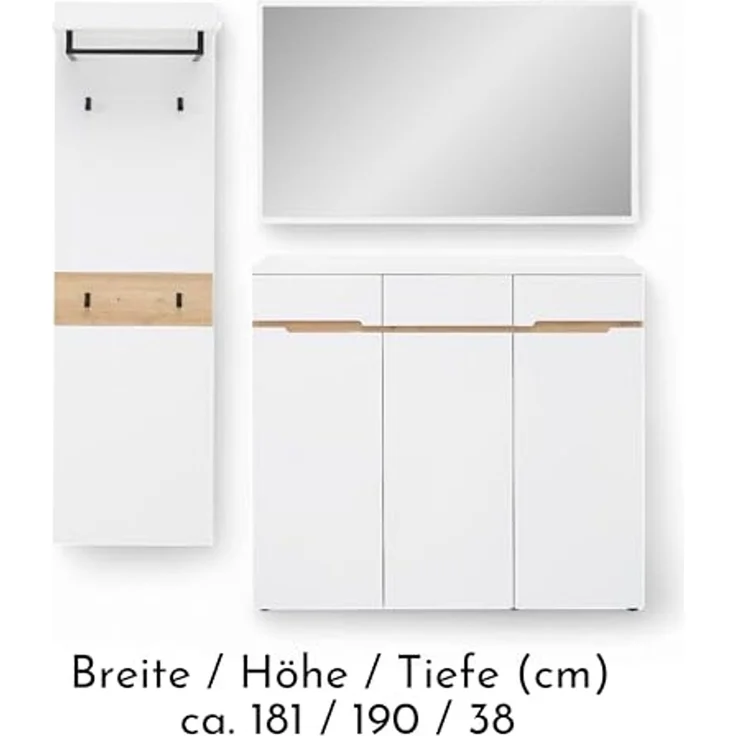 Stella Trading Memphis Flurgarderoben Set in Weiß, Artisan Eiche Optik - Modernes Garderobenset 3-teilig für Ihren Eingangsbereich - 181 x 190 x 38 cm (B/H/T) – Bild 7