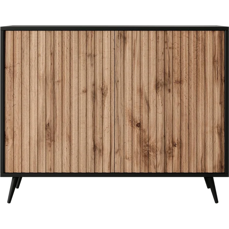 Selsey Bello - Kommode in Schwarz und Wotan Eiche mit Lamellen, goldene Beine, 104 cm breit – Bild 5